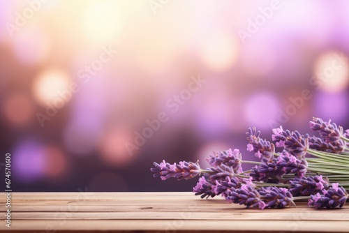 Close-up view of purple lavender on wood table in Spring. Spring seasonal concept.