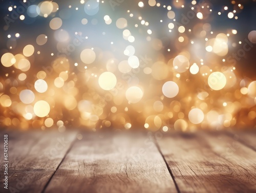 Magical golden bokeh lights on a wooden backdrop creating a warm and inviting holiday atmosphere, perfect for festive backgrounds and seasonal designs © Studio KN