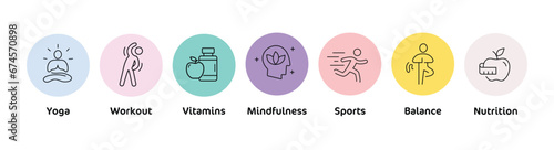 Wellness and Mindfulness Icon Concepts - Yoga, Workout, Vitamins, Sports, Balance, Nutrition