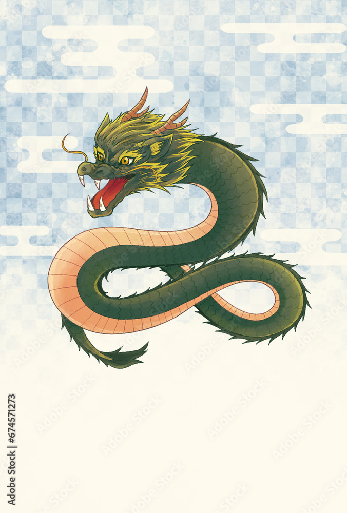 Obraz premium 和柄の背景に龍のイラストの年賀状向け素材