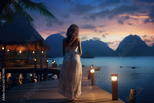 Lovely graceful lady in long skirt in a luxury resort at dusk with beautiful seascape. Summer tropical vacation concept. photo