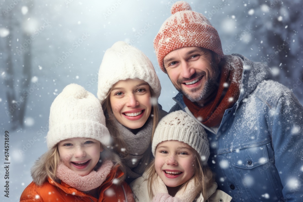 Portrait of a happy family in snow field in Winter. Winter seasonal concept. Portrait of a happy family in snow field in Winter. Winter seasonal concept.