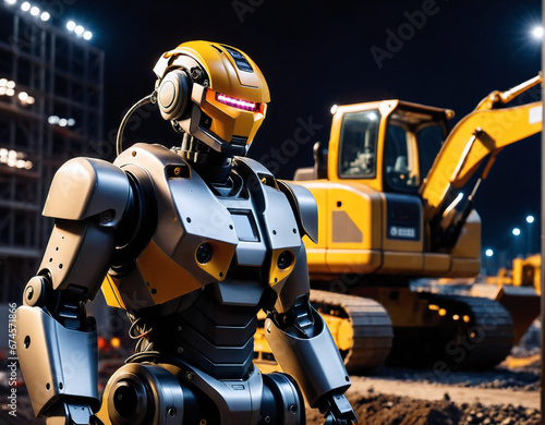 humanoid robot cyborg in a mechanical suit against the background of a construction site. Generated AI