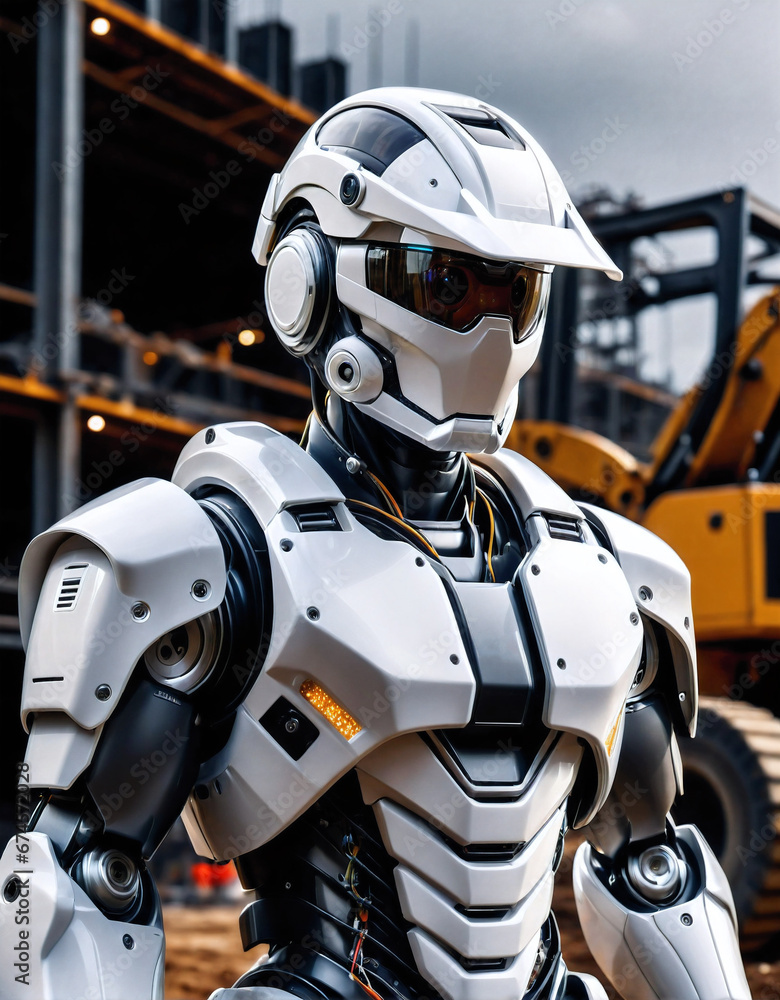 humanoid robot cyborg in a mechanical suit against the background of a construction site. Generated AI humanoid robot cyborg in a mechanical suit against the background of a construction site. Generated AI