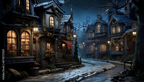 Halloween night scene with haunted house in the village. Halloween concept.