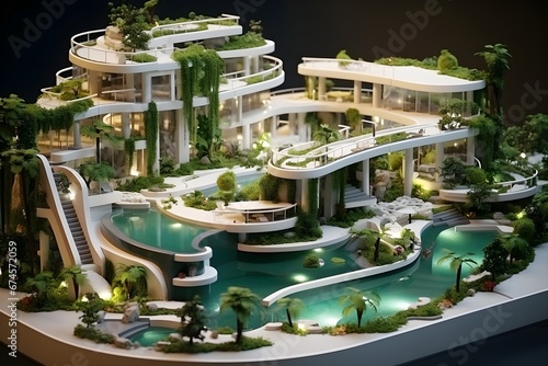 3d illustration of futuristic house, hotel, villa, hospital architecture with pool and nature garden