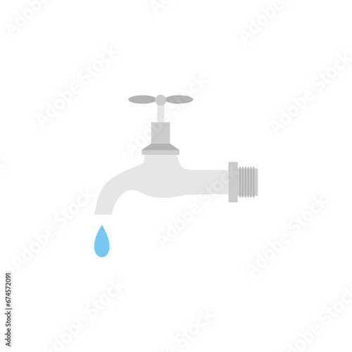 Dripping water tap flat design vector illustration. Vector dark grey icon isolated on white background. Save water earth resources ecological concept for environmental.