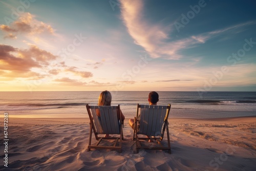 A young couple sitting on beach chair and enjoy beach life at sunset. Summer tropical vacation concept.