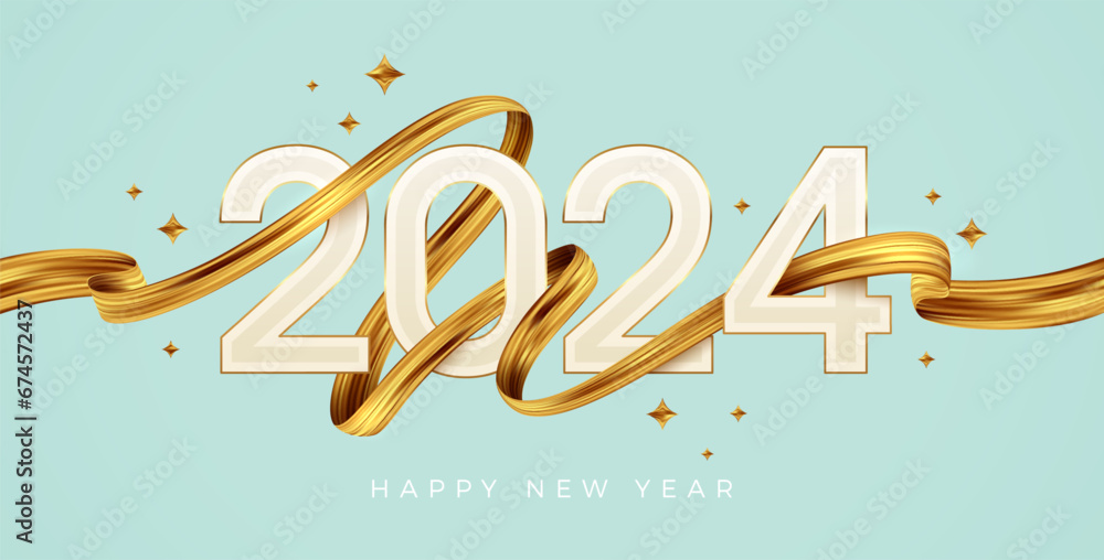 2024 New Year logo with golden paint brushstroke. New Year sign with golden ribbon. Vector illustration. - obrazy, fototapety, plakaty 