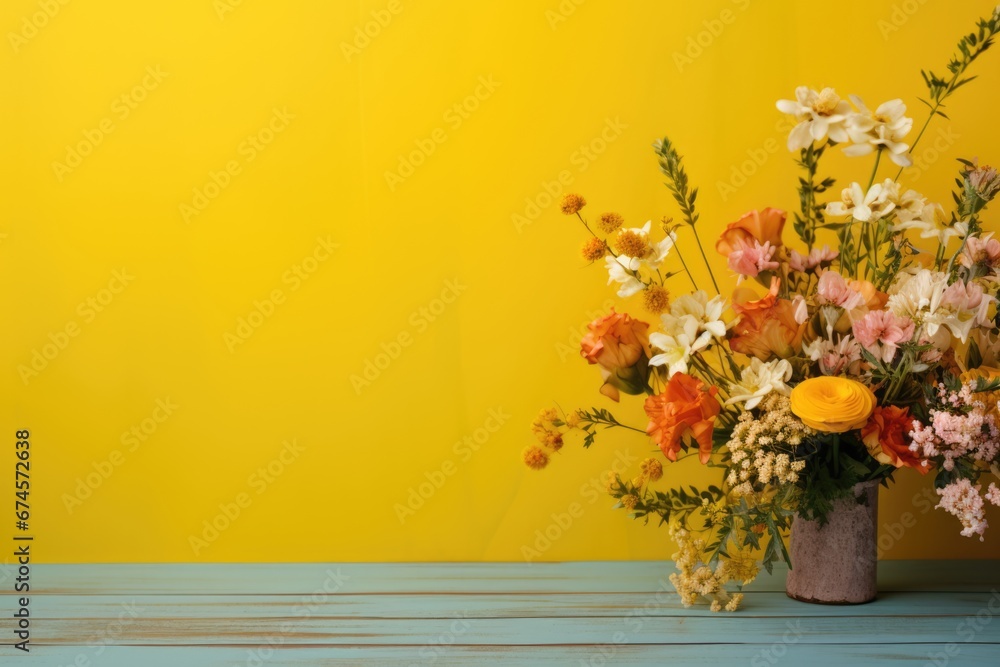 Wild flower on wood table with variable colors in Spring. Spring seasonal concept.