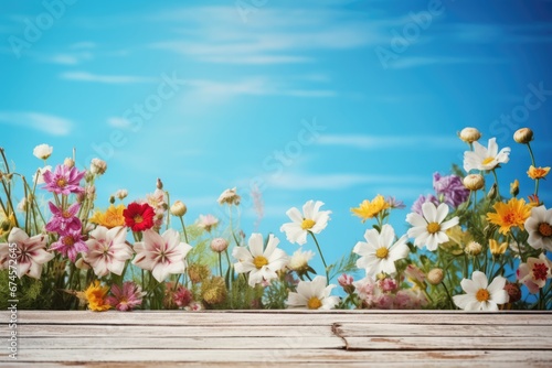 Wild flower on wood table with variable colors in Spring. Spring seasonal concept.