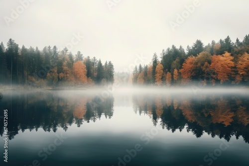 Autumn tranquil foggy lake with beautiful Fall foliage. Autumn seasonal concept.