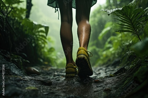 Back view of a hiker walking in a tropical jungle rainforest. Vacation travel concept.