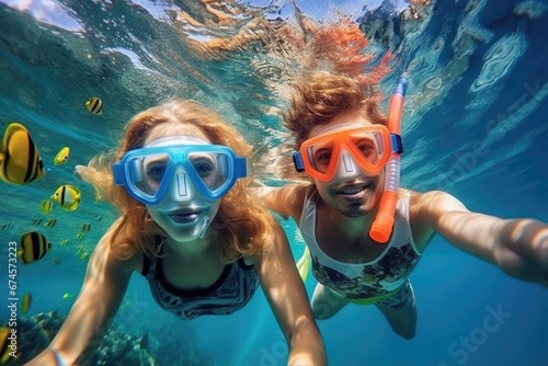 A young couple taking selfie underwater snorkeling with happy face. Vacation travel concept.