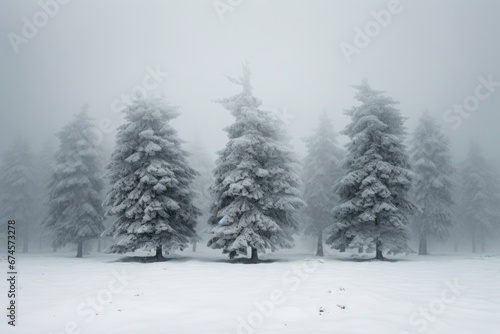 Foggy winter forest with snow. Winter seasonal concept.