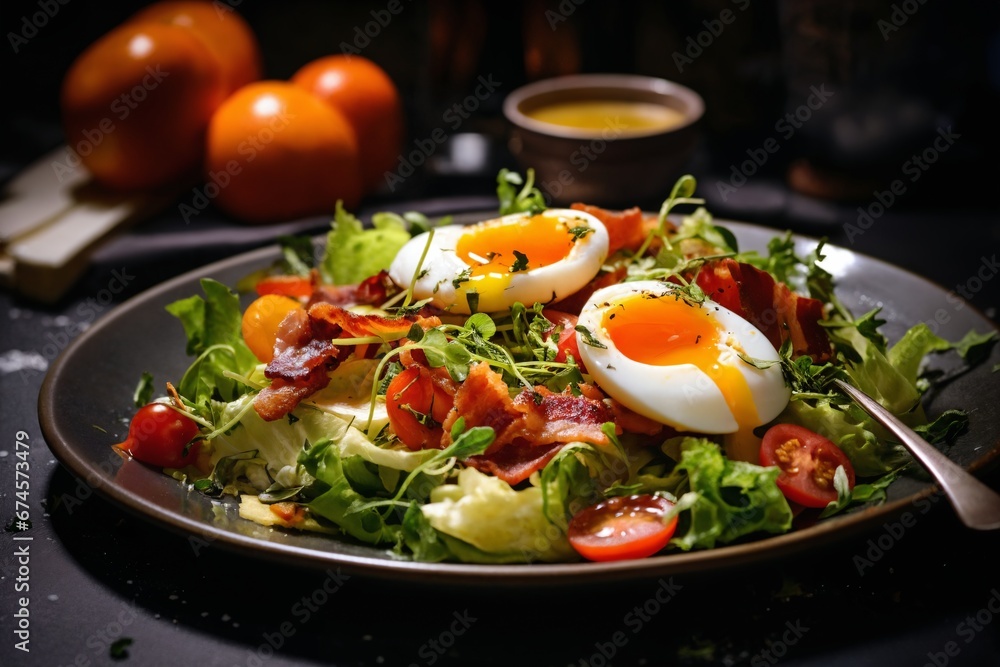 fried eggs with bacon and herbs and chopped vegetables, delicious breakfast, still life on a dark background fried eggs with bacon and herbs and chopped vegetables, delicious breakfast, still life on a dark background