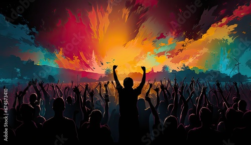 Tłum ludzi na koncercie z kolorowymi światłami wychodzącymi ze sceny muzycznej. 