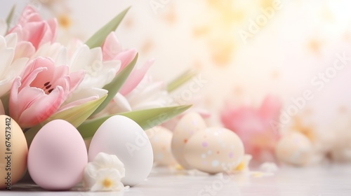 Easter poster background template with Easter eggs and flower on light background. Greetings and presents for Easter Day.