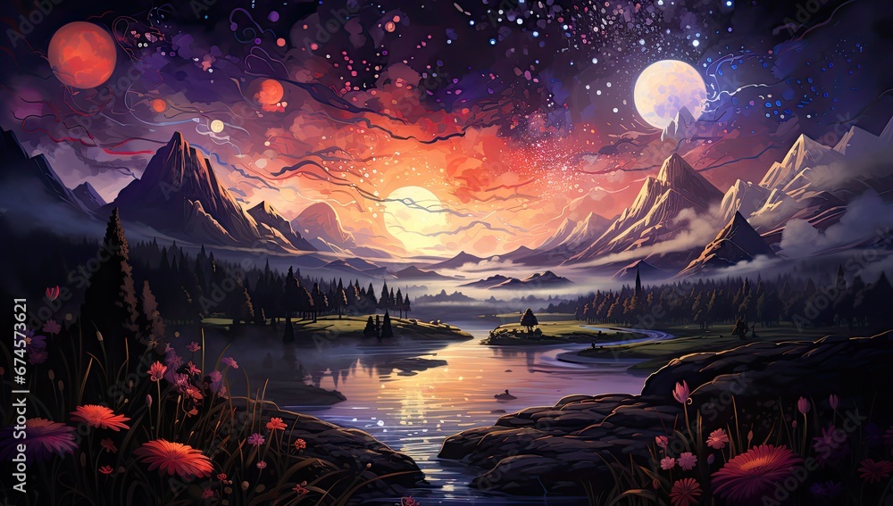 Obraz na płótnie Bajkowy krajobraz z gwiaździstym niebem  w salonie