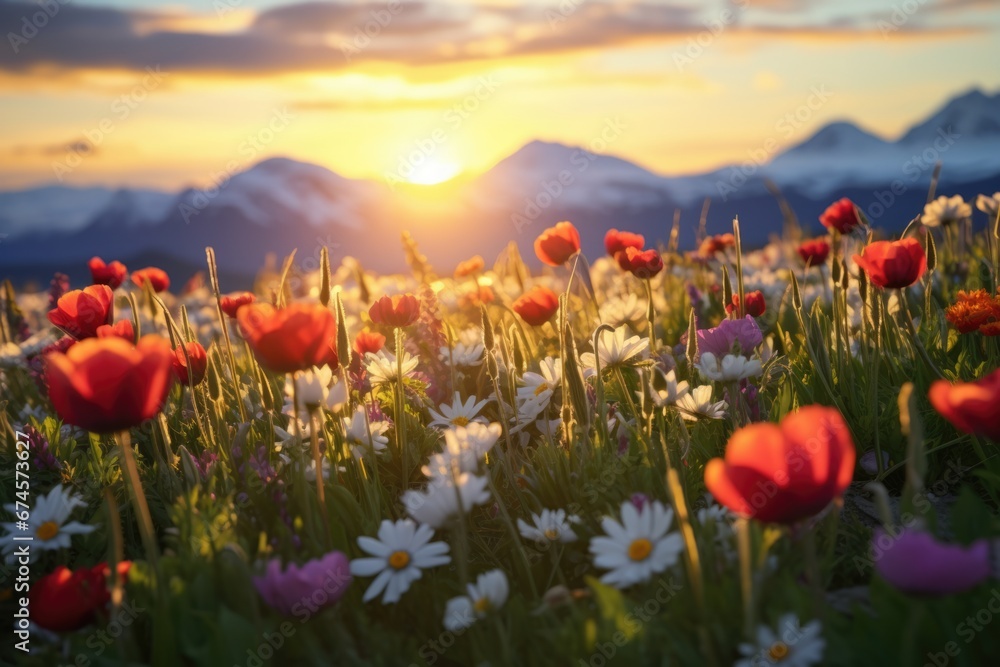 Wild flower field in wild with variable colors and snow mountain background in Spring. Spring seasonal concept.