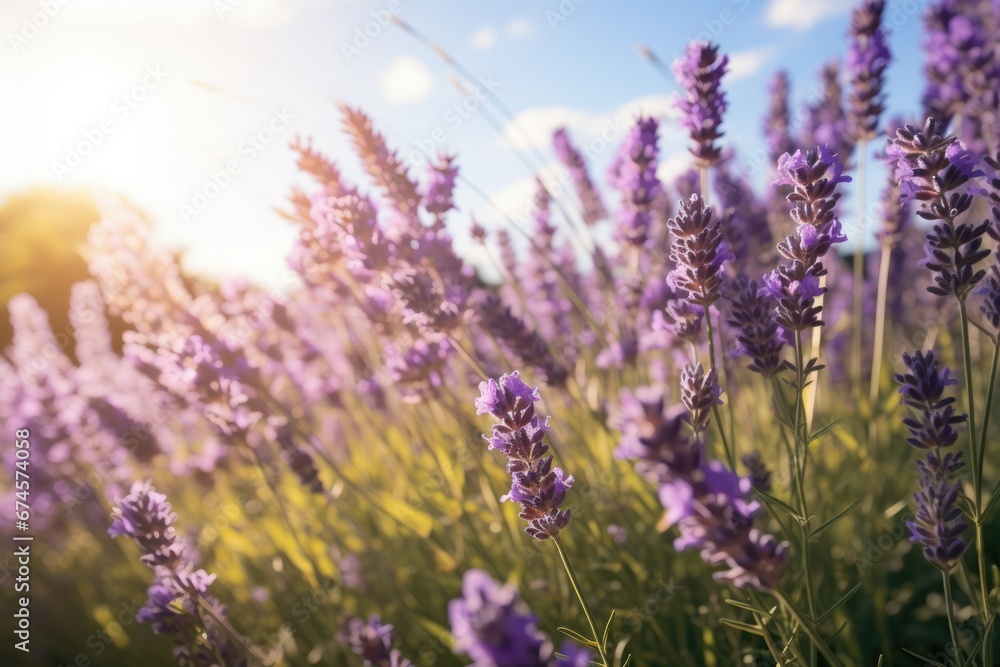 Fototapeta premium Close-up view of purple lavender in field in Spring. Spring seasonal concept.