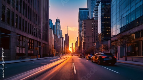 Sunset in Chicago, Illinois, USA. Traffic on the street.