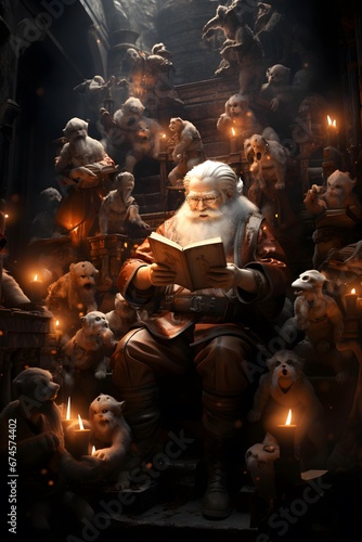 Santa Claus reading a book in a dark room. 3d rendering