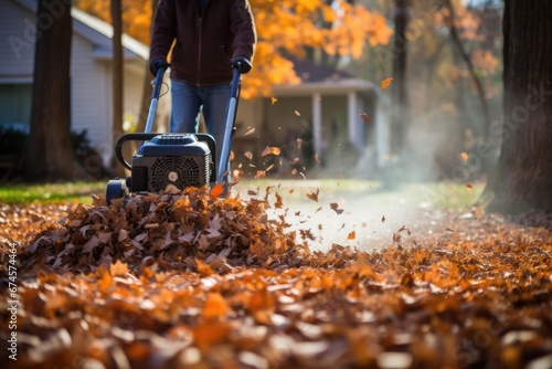 Man cleanup Autumn fallen leaves in yard of his house use a blower. Autumn seasonal concept. photo