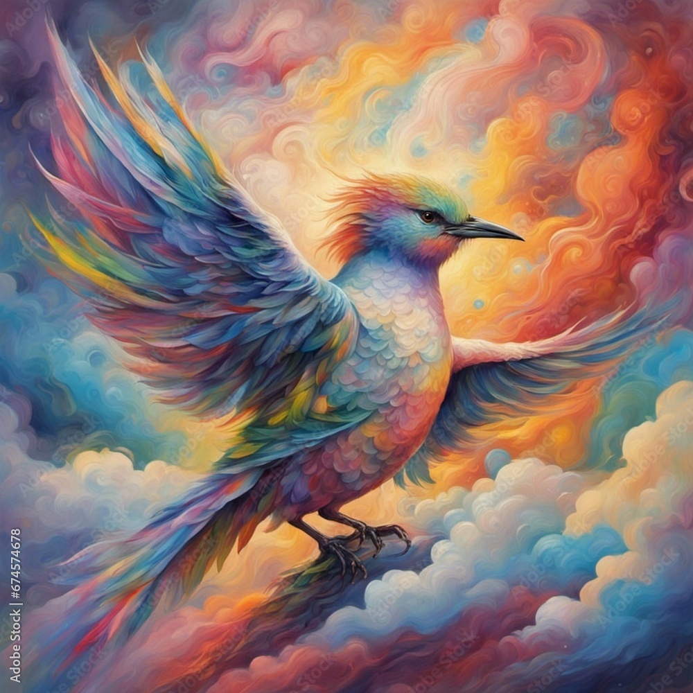 beautiful bird, surrounded by clouds and rainbows, abstract, surreal, dreamlike, stylized of painting style, detailed, high resolution, otherwordly, fantastic beautiful bird, surrounded by clouds and rainbows, abstract, surreal, dreamlike, stylized of painting style, detailed, high resolution, otherwordly, fantastic