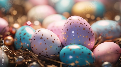 Easter eggs in close-up in a nest of branches. Easter background.