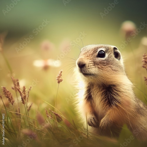 portrait of a groundhog in the yellow grass animal background for social media © Deanmon