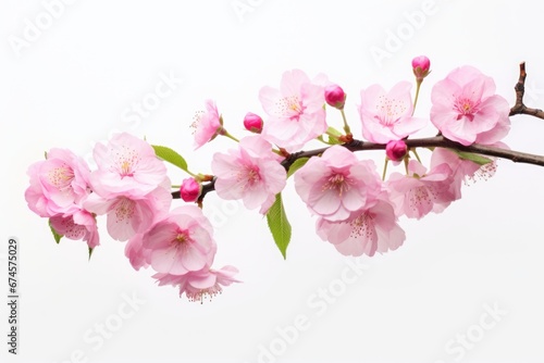 Isolated image of close-up view of pink cherry blossom flower branch on white background in Spring. Spring seasonal concept.