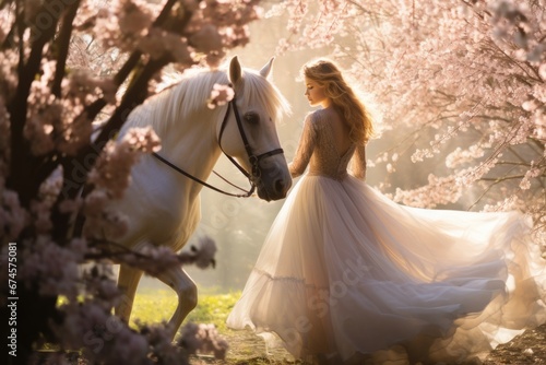 A female riding on horseback in foggy Spring woods with cherry blossom and sun ray. photo