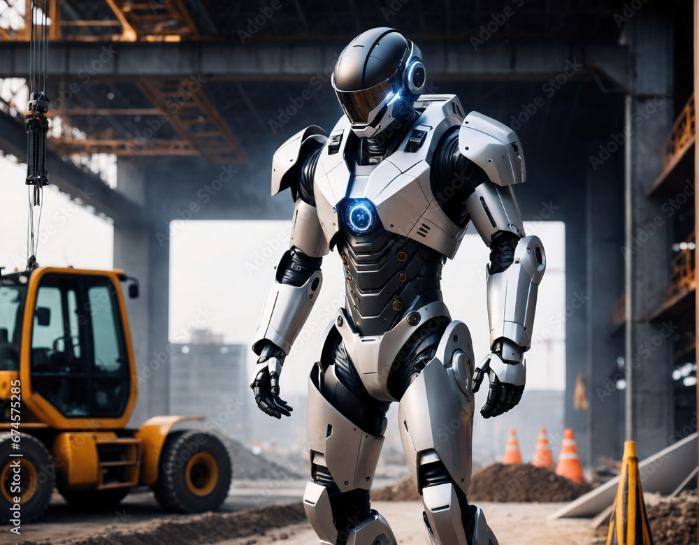 humanoid robot cyborg in a mechanical suit against the background of a construction site. Generated AI
