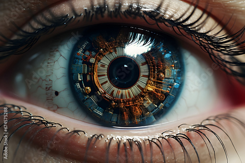 Close-up view of a Robot eye, Displaying intricate details such as iris texture, Eyelashes, and skin texture, Premium Quality image