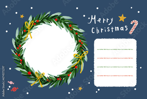 写真が入れられるクリスマスリースのポストカード ・ 横型 よこ型 写真立てカード 紺色 ネイビー