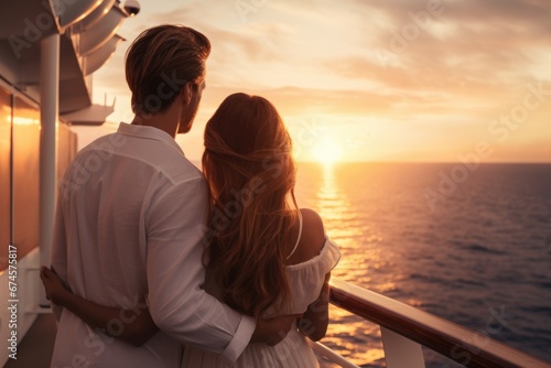 A young couple watch beautiful sunset on cruise ship. Summer tropical vacation concept. © rabbit75_fot