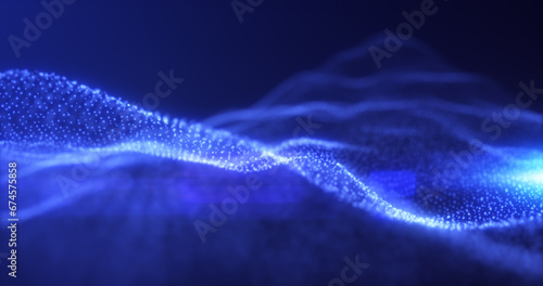 Abstract blue energy waves from particles of futuristic hi-tech glowing background