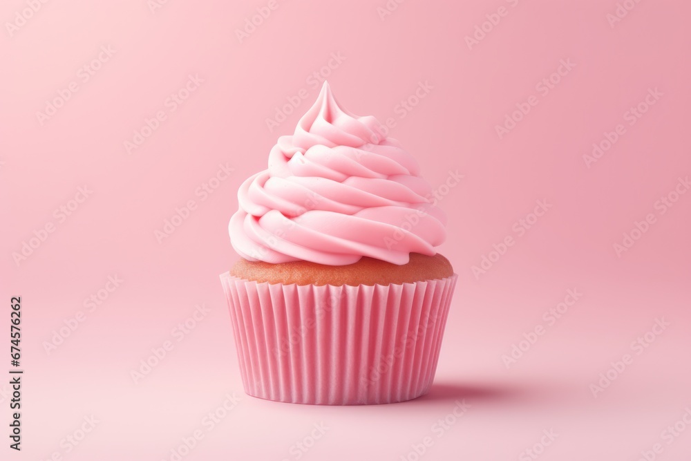 Celebration birthday pink cupcake with whipped cream on pastel monochrome background. Copy space. Celebration birthday pink cupcake with whipped cream on pastel monochrome background. Copy space.