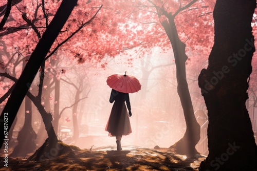 Graceful woman with long skirt and red umbrella walking in foggy beautiful blooming cherry blossom woods with pink petals in air and on ground in Spring. Spring seasonal concept.