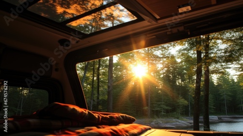 "Seasonal Escapes: Vibrant Autumn Travel Adventures" windows view from van, lake and mountain in autumn, camping mood.