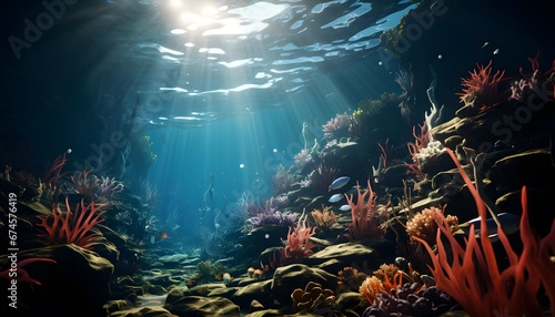Underwater panorama of coral reef. Underwater view of the underwater world.