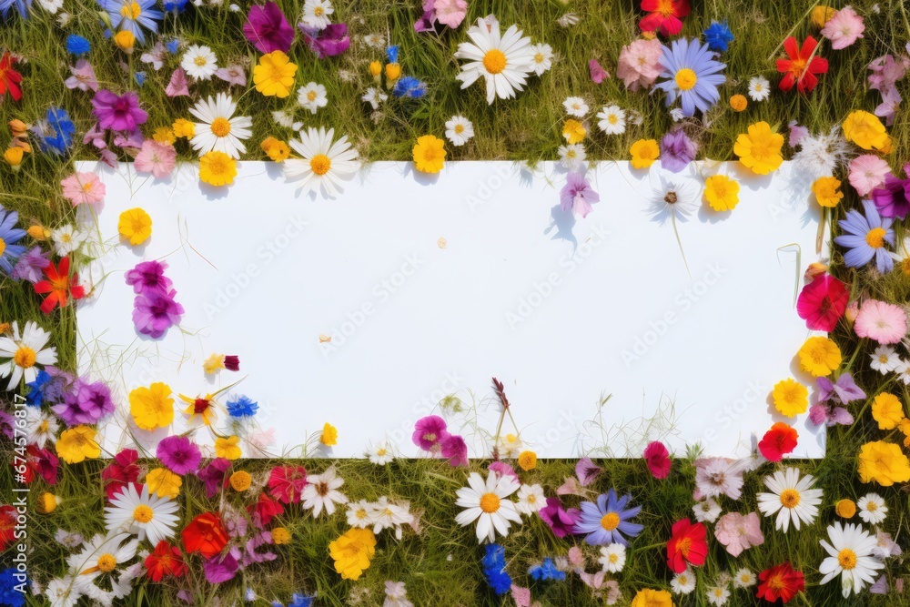 Wild flower background with variable colors in Spring. Spring seasonal concept. Space for text.