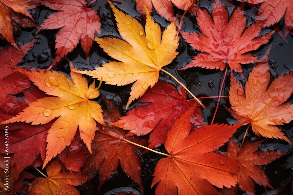 Fototapeta premium Close-up view of colorful Autumn tree leaves in water. Autumn seasonal concept.