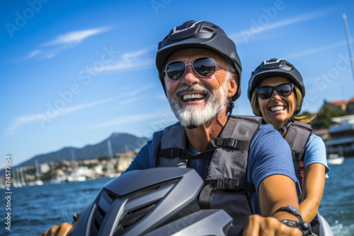 Cheerful senior Caucasian couple in safety helmets and life vests riding jet ski on a lake or along sea coast. Active elderly people having fun on water scooter. Healthy lifestyle for retired persons.