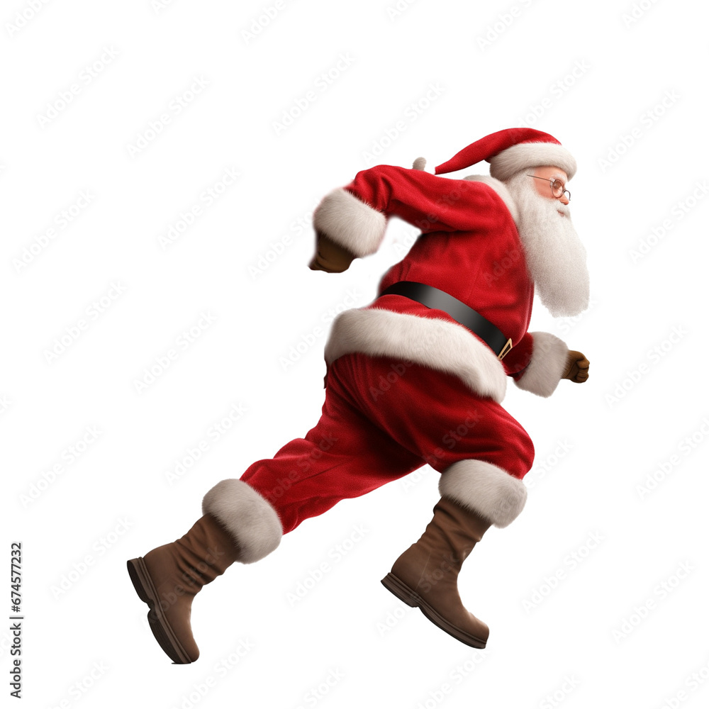 Santa Claus with huge bag, on the run, to delivery christmas gifts isolated on white background Santa Claus with huge bag, on the run, to delivery christmas gifts isolated on white background