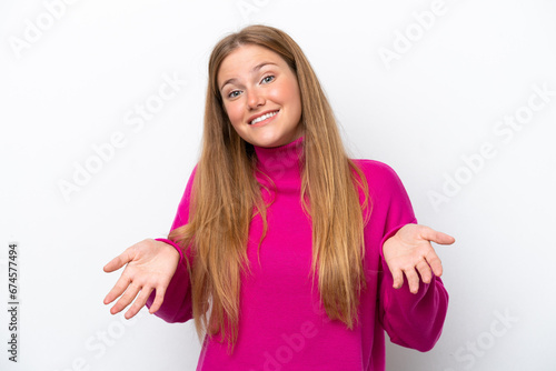 Young caucasian woman isolated on white background happy and smiling