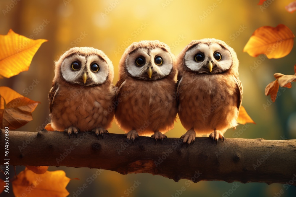Three lovely cute owl stand together on tree in Autumn with beautiful foliage. Three lovely cute owl stand together on tree in Autumn with beautiful foliage.