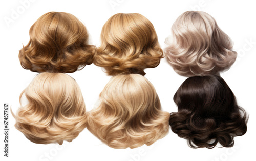 Six Different Colors Monofilament Wigs Isolated On Transparent Background PNG.