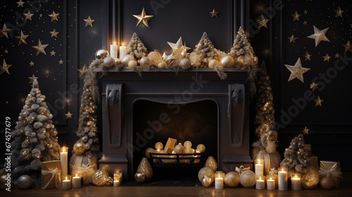 mantelpiece, New Year's accessories, Christmas tree decorations, garlands, stars, candles, holiday